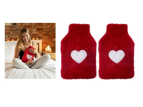 2 ADET SICAK SU TORBASI PELUŞ KALPLİ,KIRMIZI TERMOFOR 27X17X2CM 1 LİTRE - Resim 3
