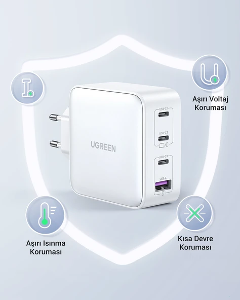 UGREEN Nexode GaN X 100W Hızlı Şarj Cihazı 4 Portlu PD QC 3xUSB-C, 1xUSB-A, Beyaz, 15337 - Resim 10