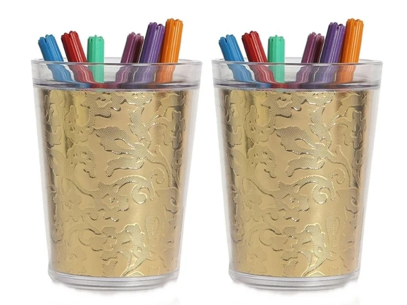 2 ADET KALEMLİK ALTIN YAPRAK DESENLİ OFİS GERECİ 9X9X12CM 370ML