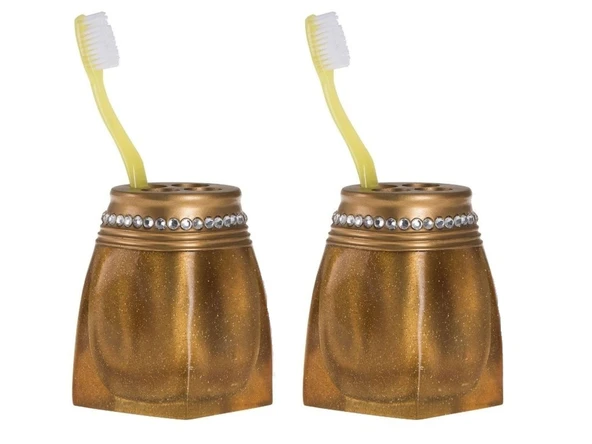 2 ADET DİŞ FIRÇALIK TAŞLI ALTIN POLİRESİN 7X7X10CM BANYO SETİ ürün görseli