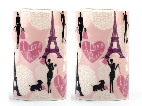 2 ADET SERAMİK DİŞ FIRÇALIK KIZLI PARİS DESENLİ 7X7X11CM BANYO SETİ - Resim 3