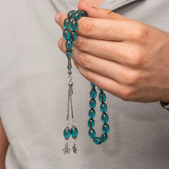 Gümüş Püsküllü Ateş Kehribar Tesbih - 7