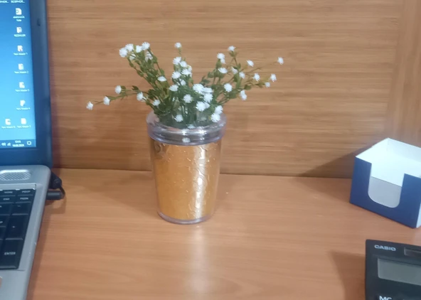 2 ADET VAZO DAHİL,VAZODA ÇİÇEK,BEYAZ YAPAY ÇİÇEK,VAZO DEKORATİF ALTIN YAPRAK 9X9X17CM - 3