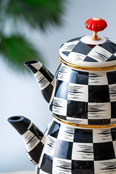 Kenzo Qualita King Alt Üst Emaye Çaydanlık Takımı Dama Dekor - 2