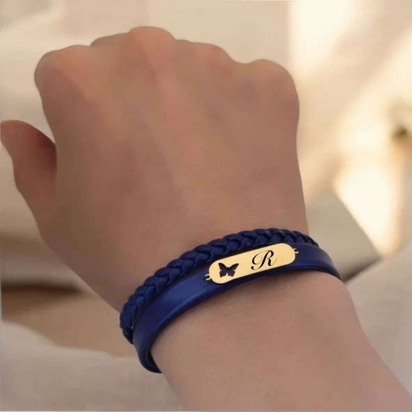 14 Ayar Altın Plakalı Harfe Özel Doğal Lacivert Derili Kelebek Motifli Hediye Bileklik-616 - Resim 2
