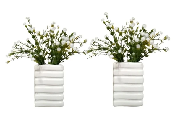 2 ADET VAZO DAHİL,VAZODA ÇİÇEK,BEYAZ YAPAY ÇİÇEK,VAZO DEKORATİF KARE ÇİZGİLİ 8X6X16CM