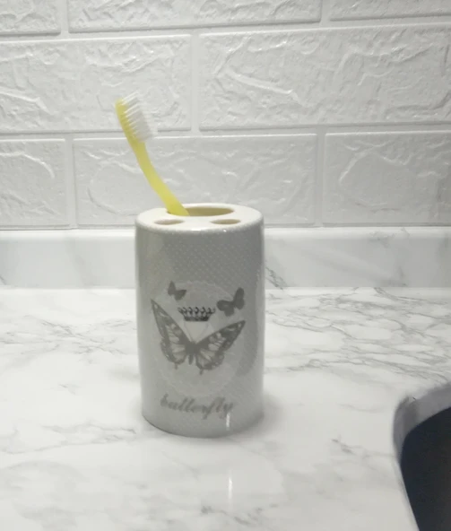 2 ADET SERAMİK DİŞ FIRÇALIK KELEBEK DESENLİ 7X7X11CM BANYO SETİ - Resim 2