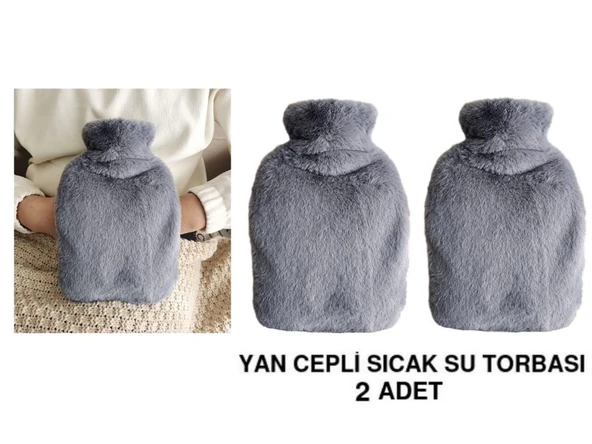 2 ADET SICAK SU TORBASI YAN CEPLİ GRİ  PELUŞ TERMOFOR 27x17x2cm  1 LİTRE ürün görseli