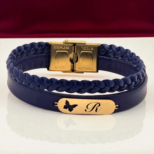 14 Ayar Altın Plakalı Harfe Özel Doğal Lacivert Derili Kelebek Motifli Hediye Bileklik-616 ürün görseli