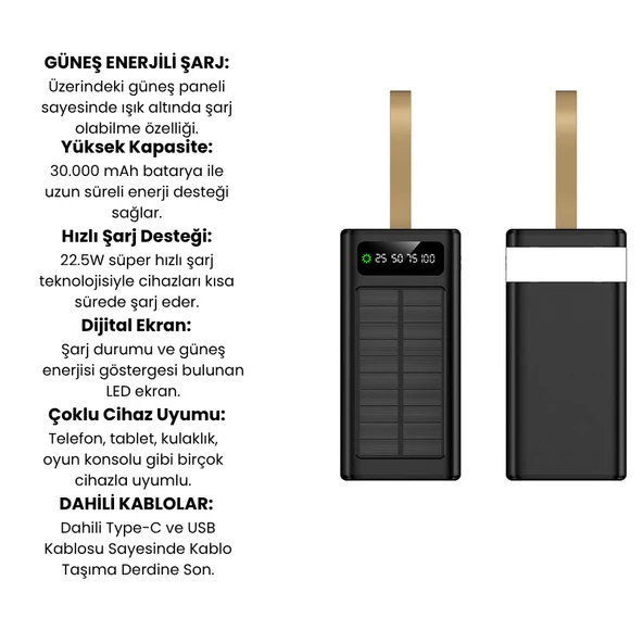 30.000 mAh Güneş Enerjili Powerbank  22.5W Hızlı Şarj, Çoklu USB Çıkış, Dahili Kablo ve Dijital Ekranlı Taşınabilir Şarj Cihazı - 3