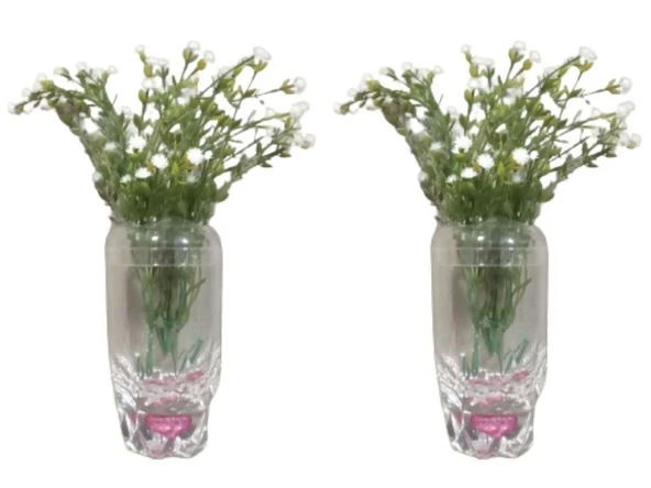2 ADET VAZO DAHİL,VAZODA ÇİÇEK,BEYAZ YAPAY ÇİÇEK,VAZO DEKORATİF KRİSTAL DAMLALI 6X6X19CM