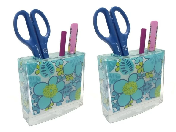 2 ADET KALEMLİK MAVİ ÇİÇEKLİ AKRİLİK OFİS GERECİ 10X10X3CM