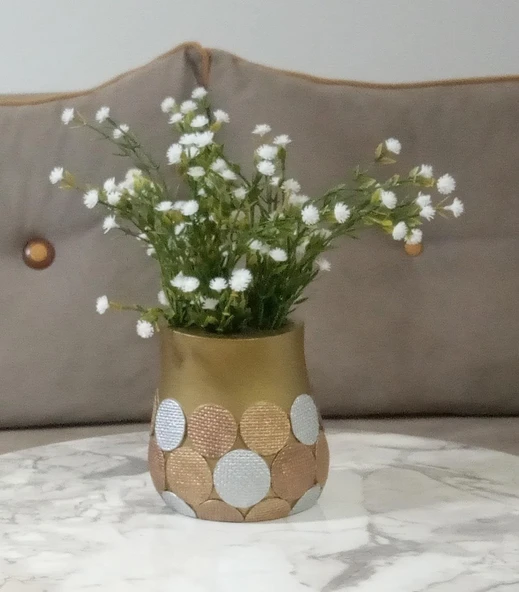 2 ADET VAZO DAHİL,VAZODA ÇİÇEK,BEYAZ YAPAY ÇİÇEK,VAZO DEKORATİF ALTIN PUANLI POLİRESİN 9X9X15CM - 2