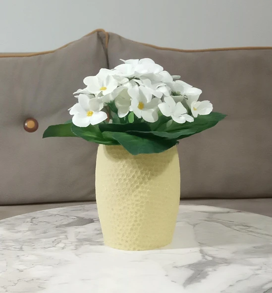 2 ADET VAZO DAHİL,VAZODA ÇİÇEK,BEYAZ YAPAY ÇİÇEK,VAZO SARI PETEK DESENLİ POLİRESİN 8x8x15cm - 2