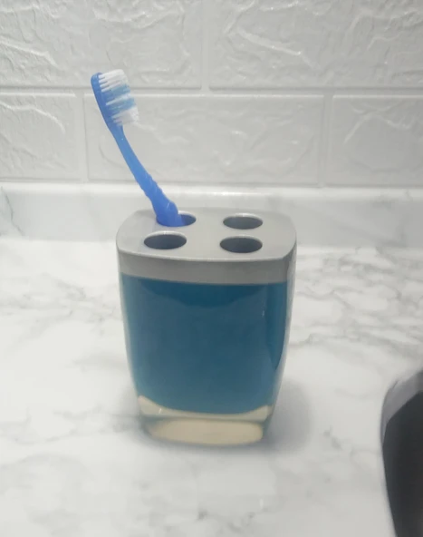 2 ADET DİŞ FIRÇALIK GRİ MAVİ POLİRESİN 8X4X11CM BANYO SETİ - 2