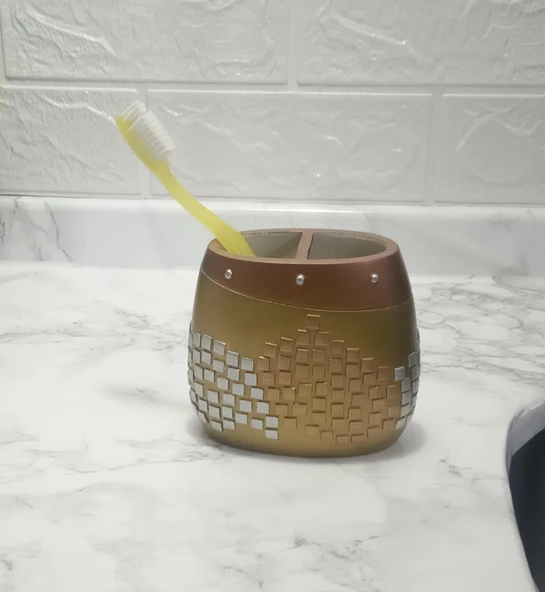 2 ADET DİŞ FIRÇALIK ALTIN MOZAİK POLİRESİN 10X10X5CM BANYO SETİ - Resim 2