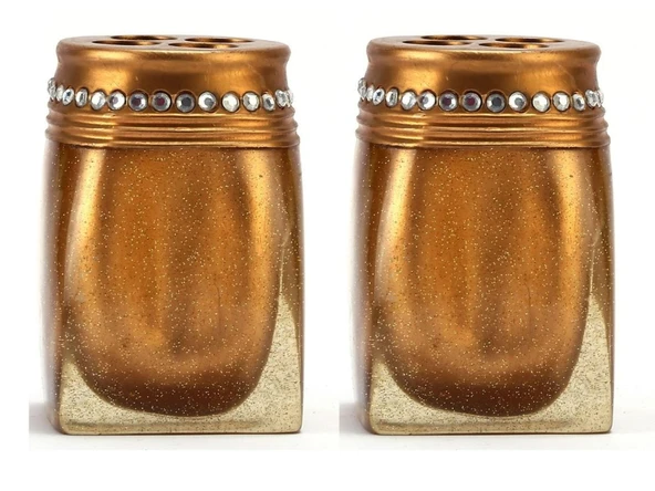 2 ADET DİŞ FIRÇALIK TAŞLI ALTIN POLİRESİN 7X7X10CM BANYO SETİ - Resim 3