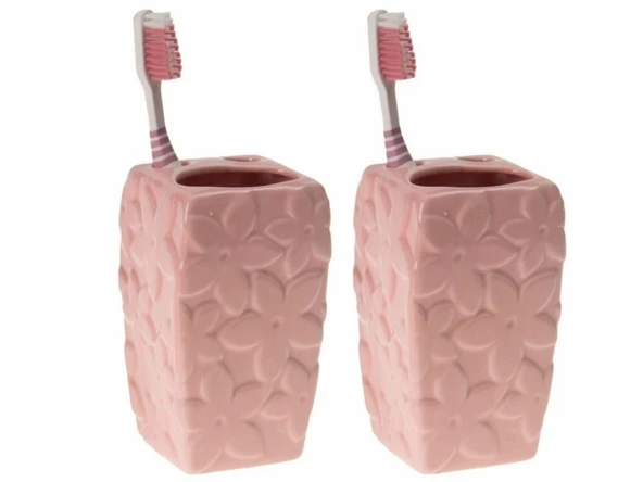 2 ADET SERAMİK DİŞ FIRÇALIK ÇİÇEKLİ PEMBE MODEL 7X7X12CM  BANYO SETİ ürün görseli