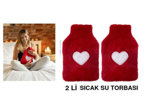 2 ADET SICAK SU TORBASI PELUŞ KALPLİ,KIRMIZI TERMOFOR 27X17X2CM 1 LİTRE ürün görseli