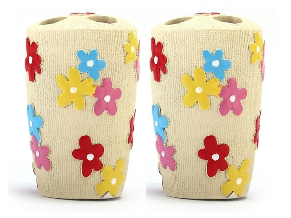 2 ADET DİŞ FIRÇALIK RENKLİ PAPATYALI POLİRESİN 5X5X11CM BANYO SETİ - Resim 3