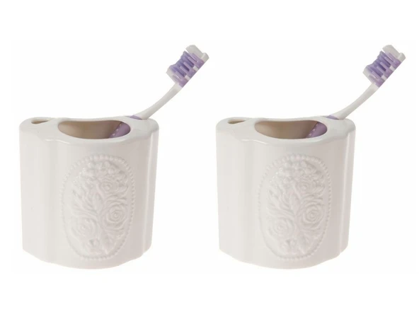 2 ADET SERAMİK DİŞ FIRÇALIK ÇİÇEKLİ OVAL MODEL 8X5X10CM BANYO SETİ ürün görseli