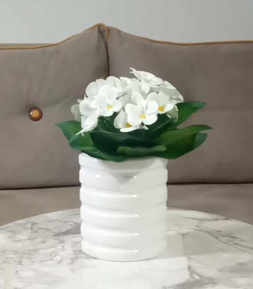2 ADET VAZO DAHİL,VAZODA ÇİÇEK,BEYAZ YAPAY ÇİÇEK,VAZO DEKORATİF OVAL ÇİZGİLİ 9X6X16CM - 2