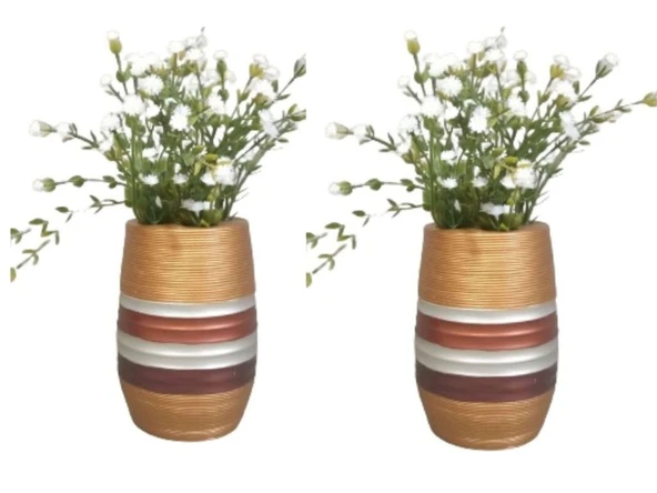 2 ADET VAZO DAHİL,VAZODA ÇİÇEK,BEYAZ YAPAY ÇİÇEK,VAZO DEKORATİF METALİK KAHVE POLİRESİN 6X6X17CM