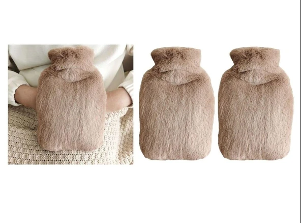2 ADET SICAK SU TORBASI YAN CEPLİ BEJ  PELUŞ TERMOFOR 27x17x2cm  1 LİTRE - Resim 3