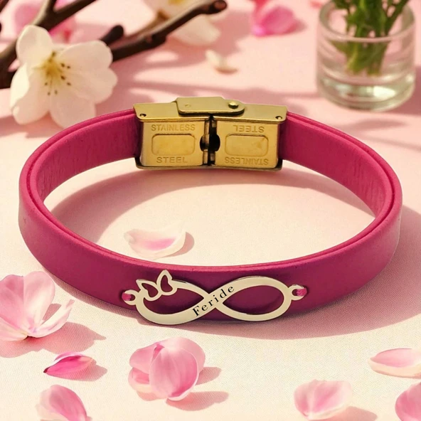 14 Ayar Altın Plakalı İsme Özel Sonsuzluk ve Kelebek Figürlü Doğal Pembe Derili Hediye Bileklik-617 ürün görseli