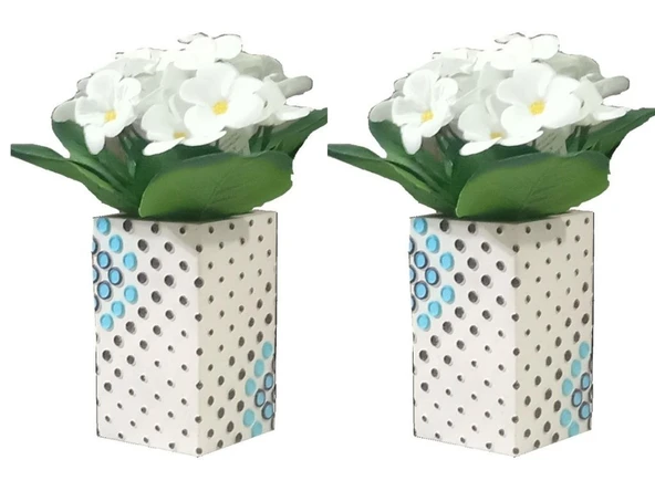 2 ADET VAZO DAHİL,VAZODA ÇİÇEK,BEYAZ YAPAY ÇİÇEK,VAZO DEKORATİF  PUANLI POLİRESİN 6X6X15CM