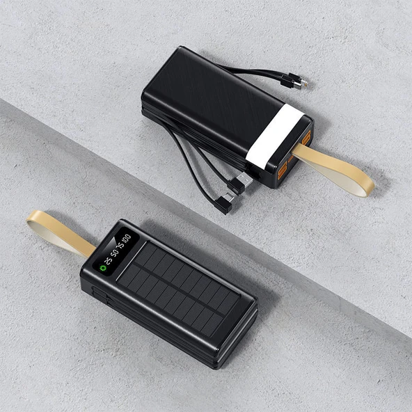 30.000 mAh Güneş Enerjili Powerbank 22.5W Hızlı Şarj, Çoklu USB Çıkış, Dahili Kablo ve Dijital Ekranlı Taşınabilir Şarj Cihazı - 8