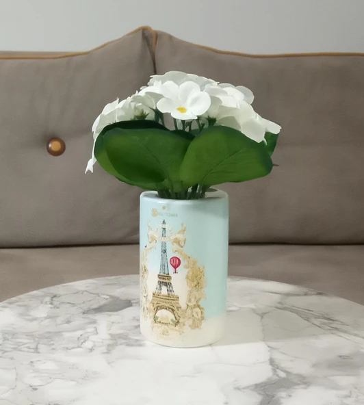2 ADET VAZO DAHİL,VAZODA ÇİÇEK,BEYAZ YAPAY ÇİÇEK,VAZO DEKORATİF ROMANTİK YEŞİL MODEL 7X7X16CM - 2