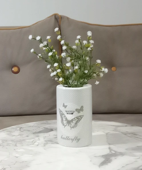 2 ADET VAZO DAHİL,VAZODA ÇİÇEK,BEYAZ YAPAY ÇİÇEK,VAZO DEKORATİF KELEBEK DESENLİ 7X7X16CM - 2