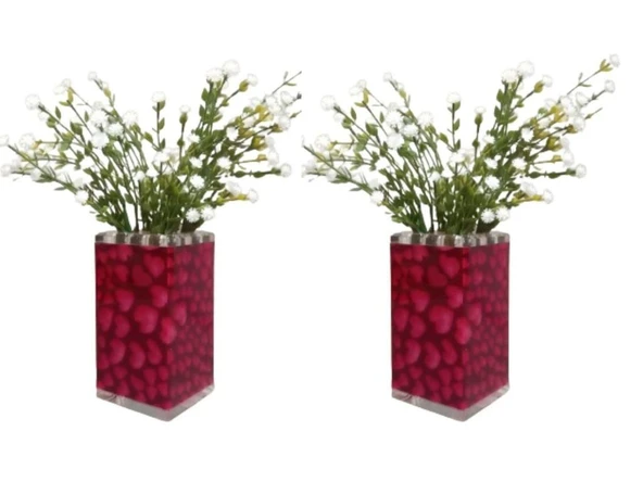 2 ADET VAZO DAHİL,VAZODA ÇİÇEK,BEYAZ YAPAY ÇİÇEK,VAZO DEKORATİF KALPLİ 7X7X17CM