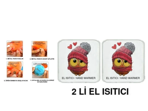 2 ADET BERELİ BAYKUŞ CEP SOBASI,EL ISITICI,SICAK SU TORBASI PVC  10x9,5cm ürün görseli