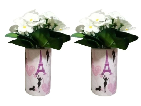 2 ADET VAZO DAHİL,VAZODA ÇİÇEK,BEYAZ YAPAY ÇİÇEK,VAZO DEKORATİF  KIZLI PARİS DESENLİ 7X7X16CM