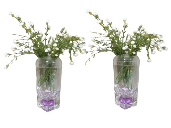 2 ADET VAZO DAHİL,VAZODA ÇİÇEK,BEYAZ YAPAY ÇİÇEK,VAZO DEKORATİF MOR DAMLALI 6X6X19CM