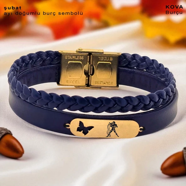 14 Ayar Altın Plakalı Burca Özel Doğal Lacivert Derili Kelebek Motifli Hediye Bileklik-616 ürün görseli