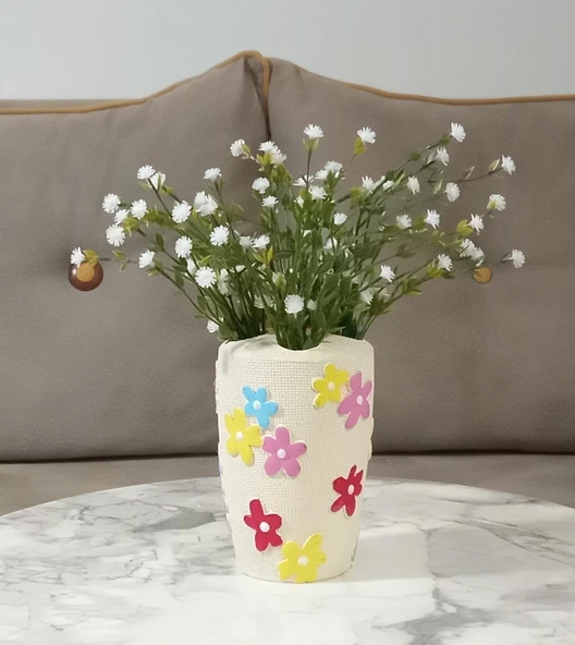 2 ADET VAZO DAHİL,VAZODA ÇİÇEK,BEYAZ YAPAY ÇİÇEK,VAZO DEKORATİF RENKLİ PAPATYALI POLİRESİN 5X5X16CM - 2