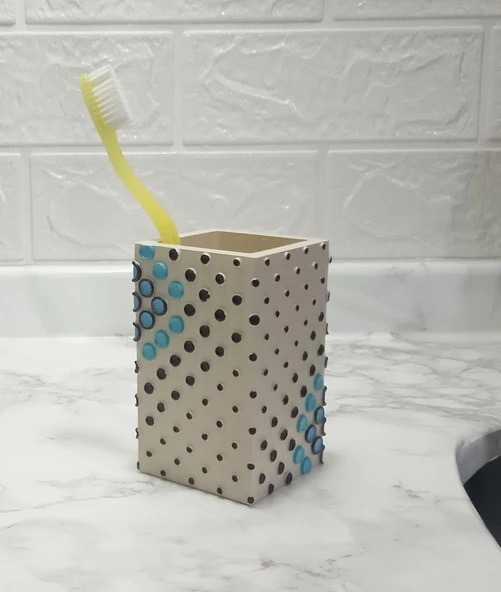 2 ADET DİŞ FIRÇALIK VE MACUNLUK PUANLI POLİRESİN 6X6X10CM 200ML BANYO SETİ - Resim 2