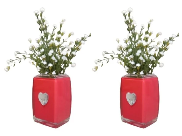 2 ADET VAZO DAHİL,VAZODA ÇİÇEK,BEYAZ YAPAY ÇİÇEK,VAZO DEKORATİF KRİSTAL TAŞLI KIRMIZI KALPLİ  6X6X16CM