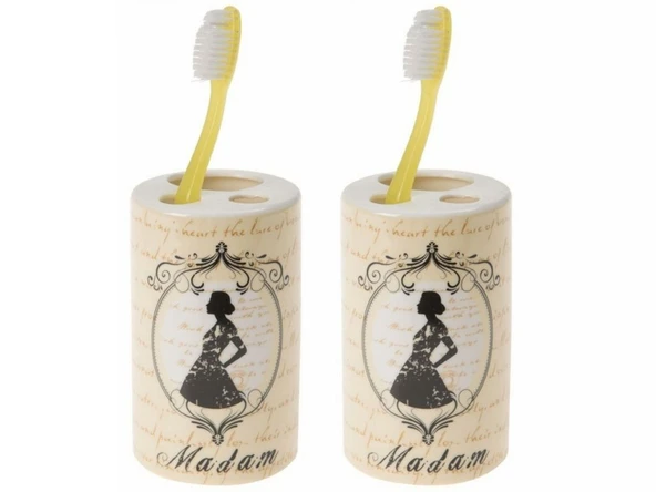 2 ADET SERAMİK DİŞ FIRÇALIK MADAM DESENLİ 7X7X11CM BANYO SETİ ürün görseli