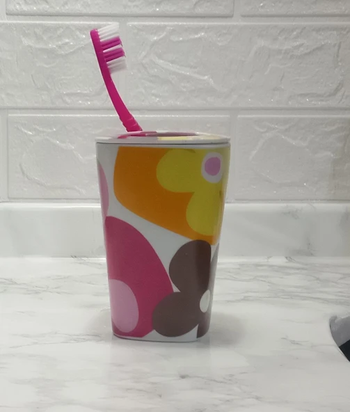 2 ADET DİŞ FIRÇALIK KIRMIZI PAPATYA MELAMİN 7X7X11CM BANYO SETİ - 2