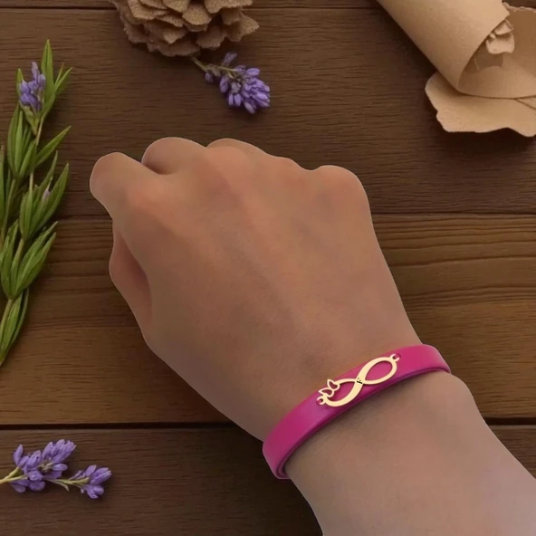 14 Ayar Altın Plakalı Harfe Özel Doğal Pembe Derili Sonsuzluk ve Kelebek Figürlü Hediye Bileklik-617 - Resim 2