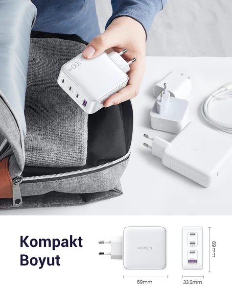 UGREEN Nexode GaN X 100W Hızlı Şarj Cihazı 4 Portlu PD QC 3xUSB-C, 1xUSB-A, Beyaz, 15337 - Resim 8