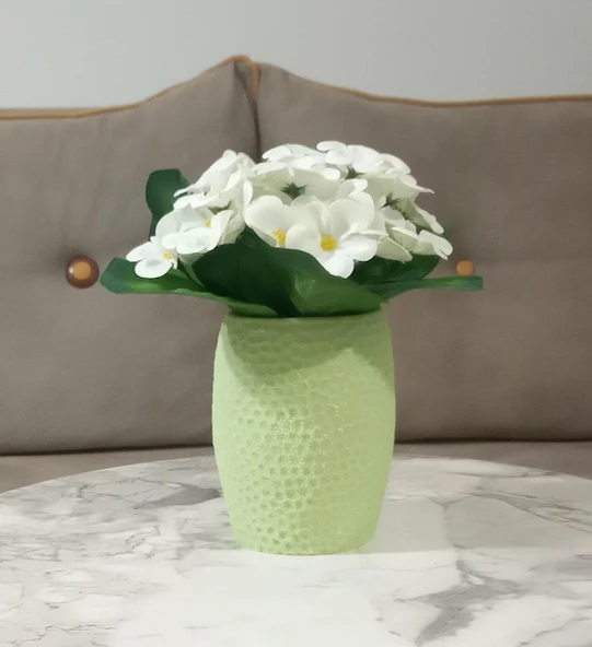 2 ADET VAZO DAHİL,VAZODA ÇİÇEK,BEYAZ YAPAY ÇİÇEK,VAZO YEŞİL PETEK DESENLİ POLİRESİN 8x8x15cm - 2