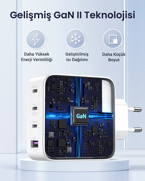 UGREEN Nexode GaN X 100W Hızlı Şarj Cihazı 4 Portlu PD QC 3xUSB-C, 1xUSB-A, Beyaz, 15337 - Resim 9