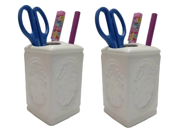 2 ADET KALEMLİK ÇİÇEKLİ KARE MODEL SERAMİK OFİS GERECİ 8X8X11CM