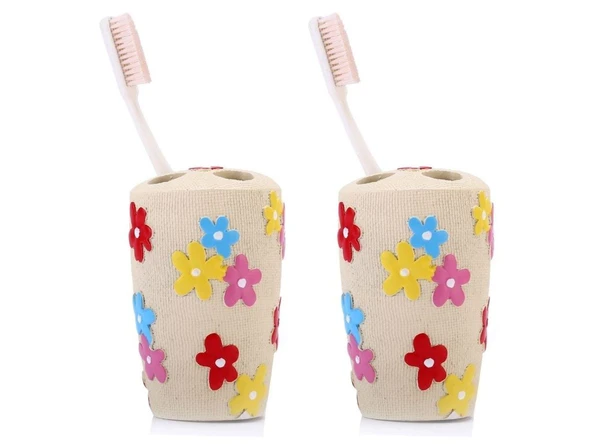 2 ADET DİŞ FIRÇALIK RENKLİ PAPATYALI POLİRESİN 5X5X11CM BANYO SETİ ürün görseli