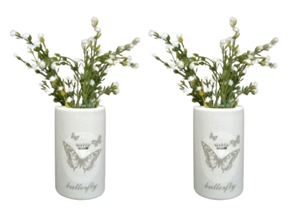 2 ADET VAZO DAHİL,VAZODA ÇİÇEK,BEYAZ YAPAY ÇİÇEK,VAZO DEKORATİF KELEBEK DESENLİ 7X7X16CM